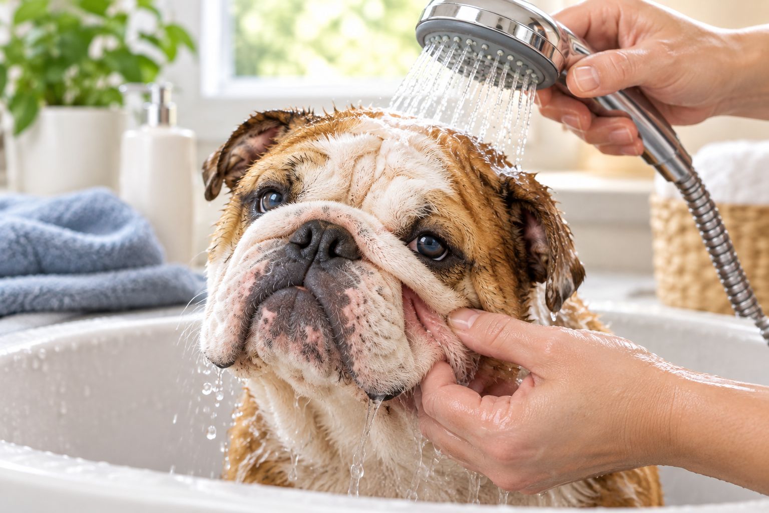 Hands rinsing a bulldog's wrinkle folds during a medicated bath
