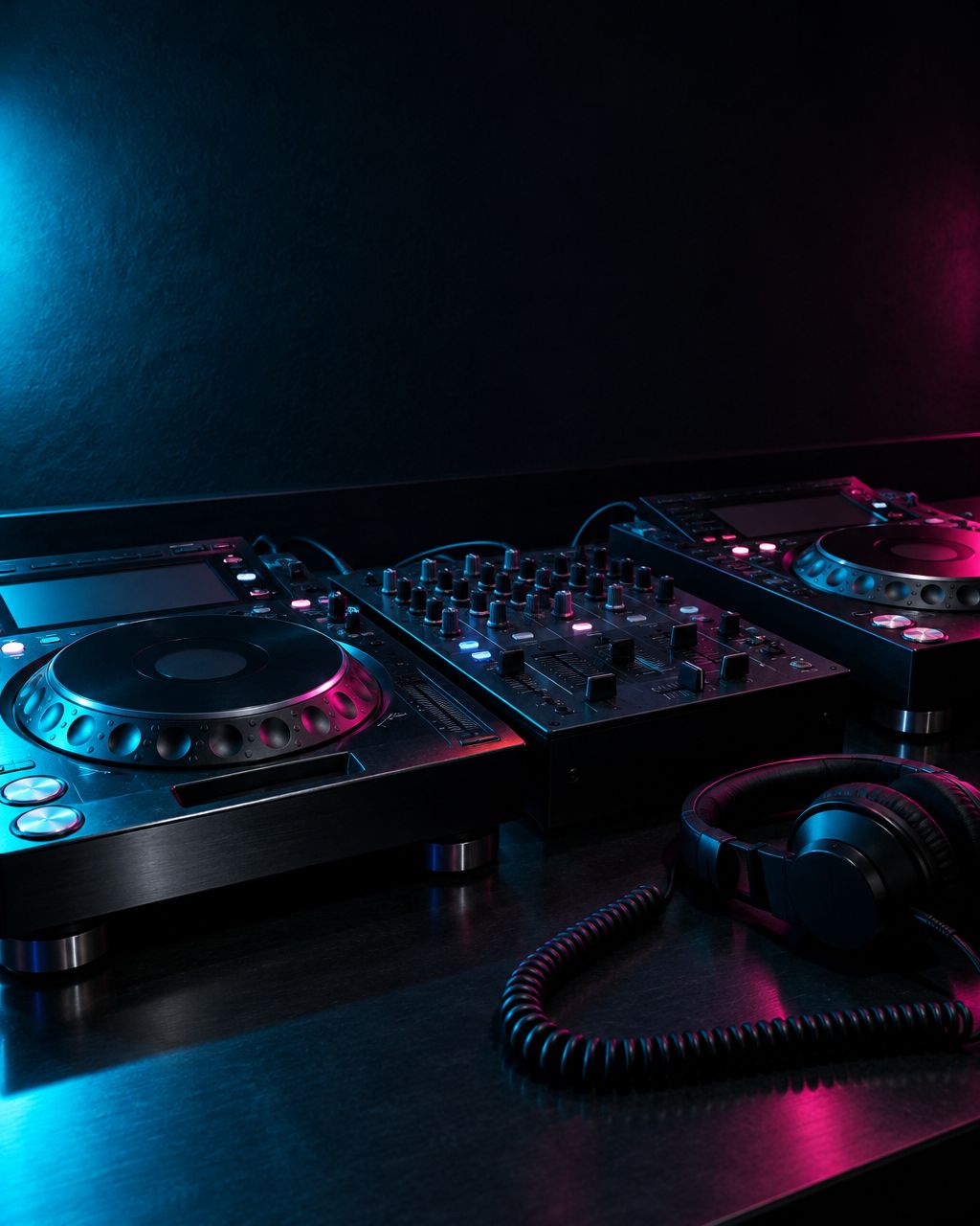 Illustrative empty DJ radio booth with decks and mixer in cyan and pink light