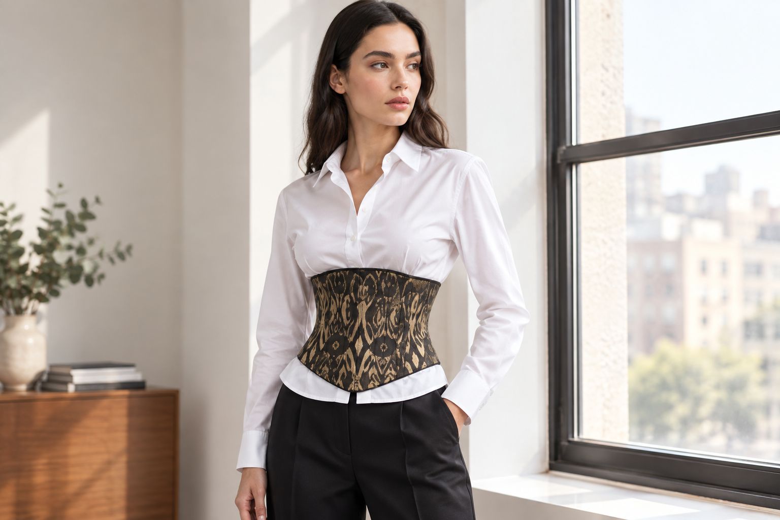 Woman wearing a reversible ikat corset belt over a white shirt