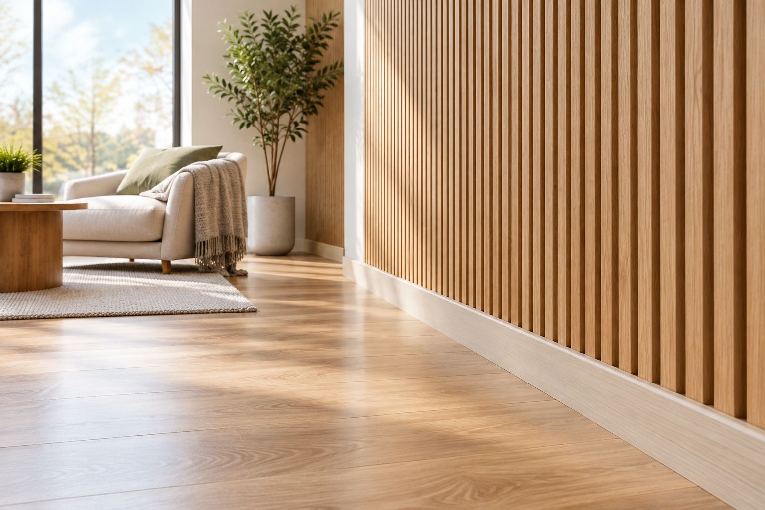 Wood-slat feature wall and baseboard meeting a finished living-room floor