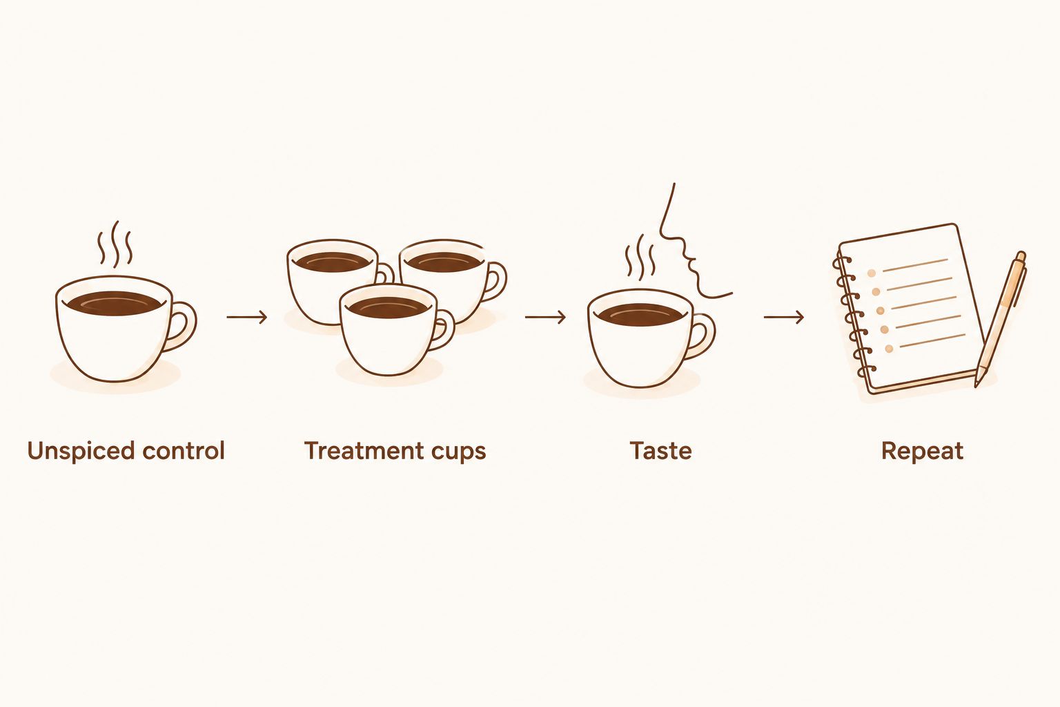 Controlled tasting sequence from unspiced coffee through treatment cups, tasting, and a repeat session.