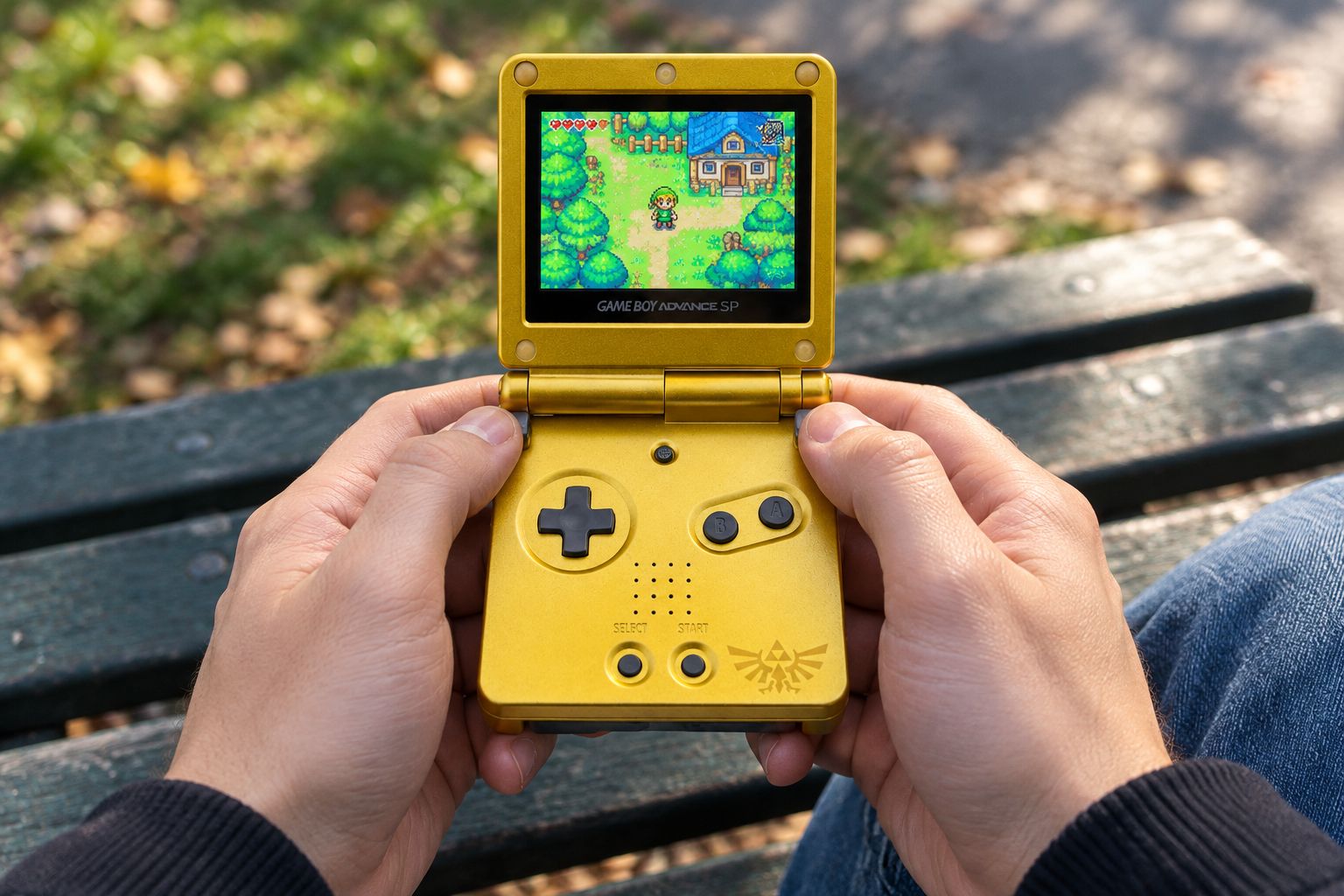 Modded Game Boy Advance SP with a bright IPS screen held outdoors