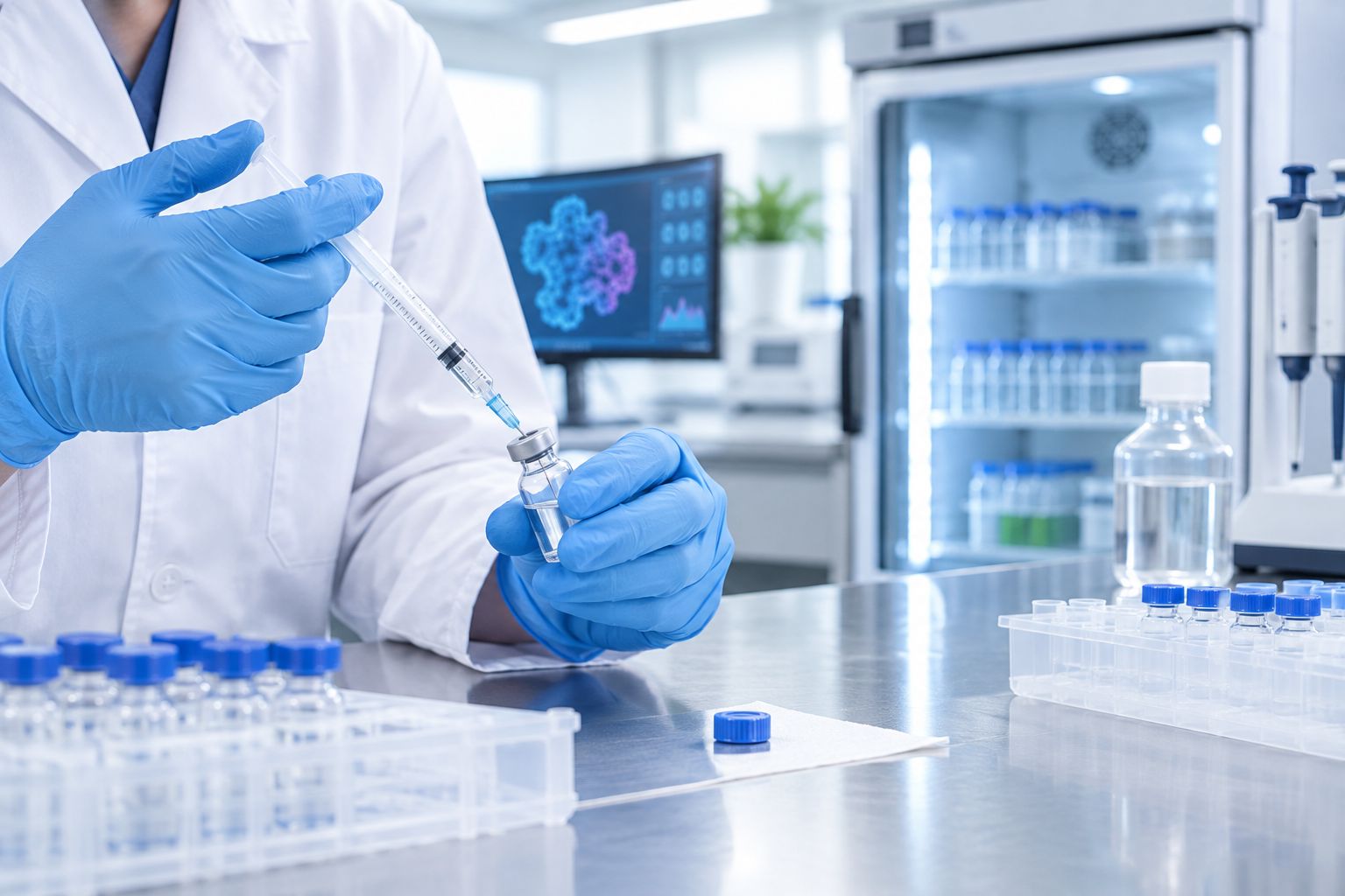 Researcher reconstituting a lyophilized peptide vial on a lab bench