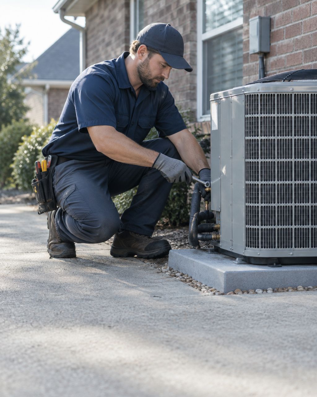 HVAC technician installing a new outdoor condenser unit beside a brick rental home