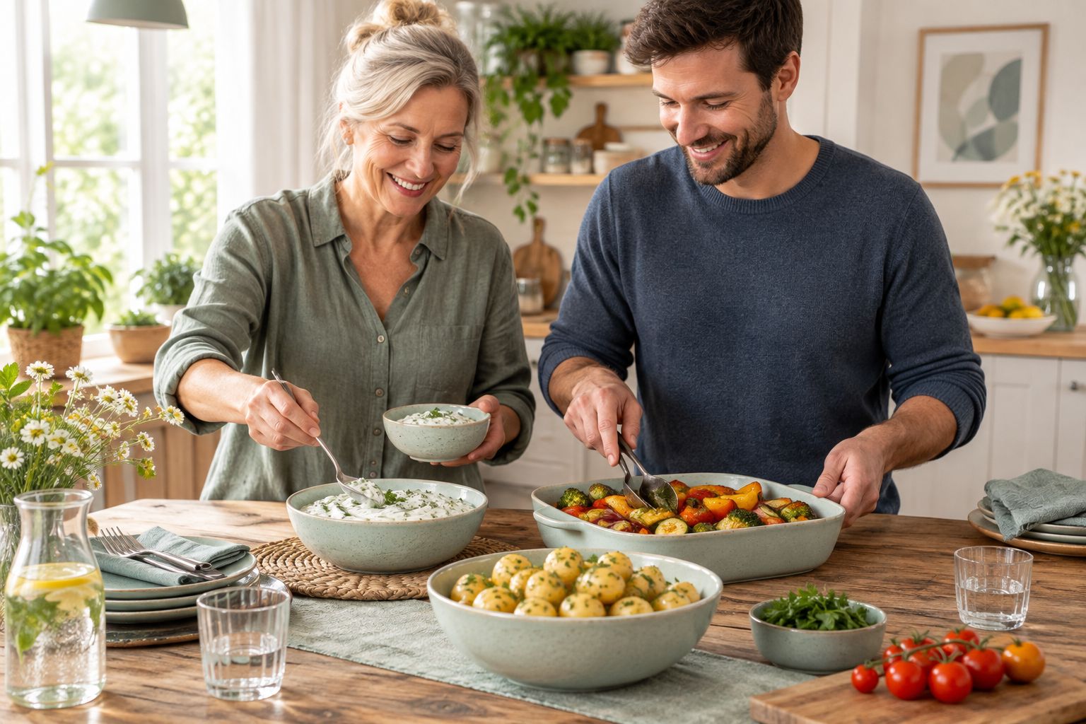 Gemeinsames Abendessen mit Gemüse, Kartoffeln und Kräuterquark in getrennten Schalen