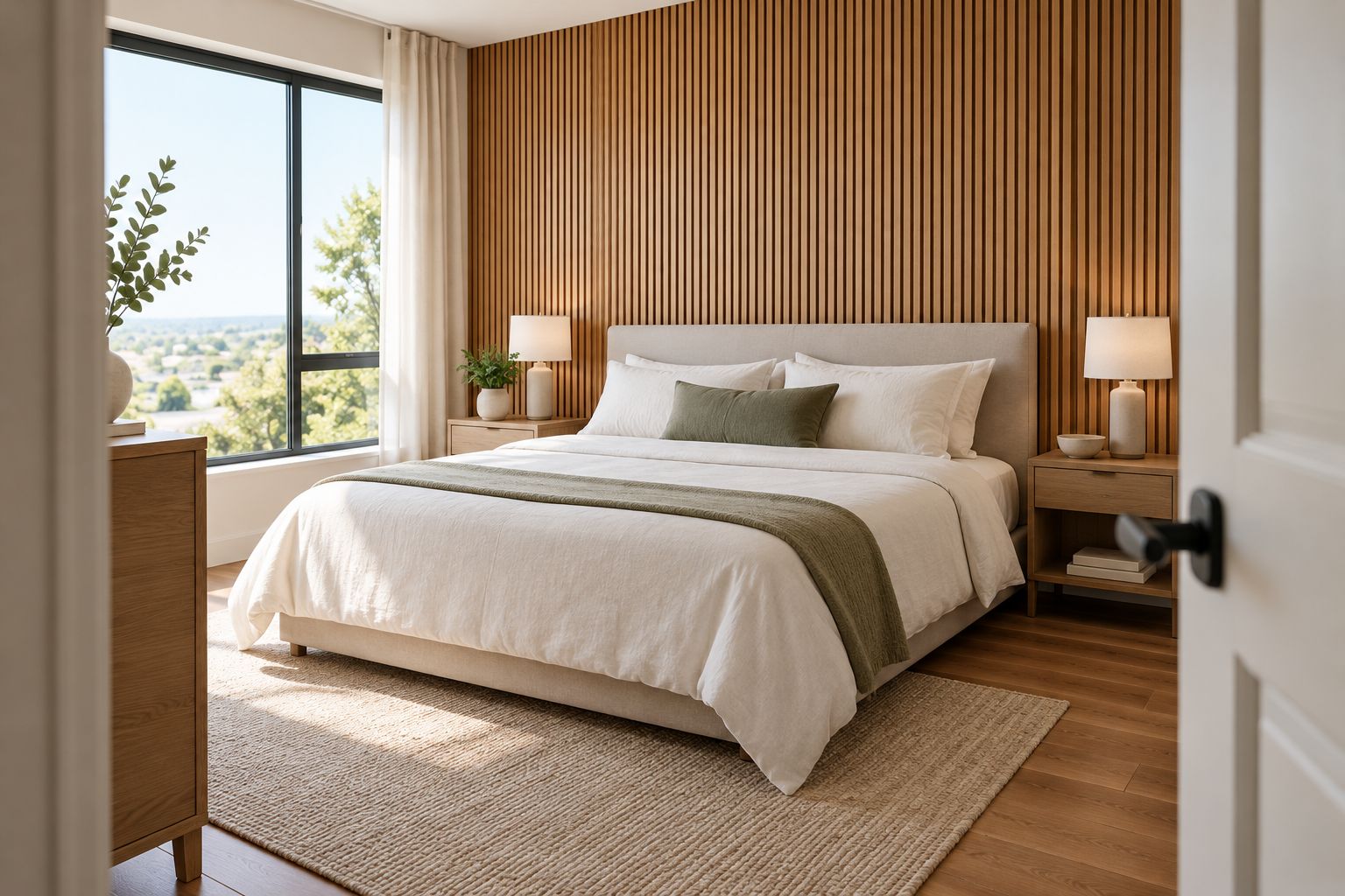 Staged bedroom with a wood slat headboard wall, simple bedding, and coordinated wood flooring