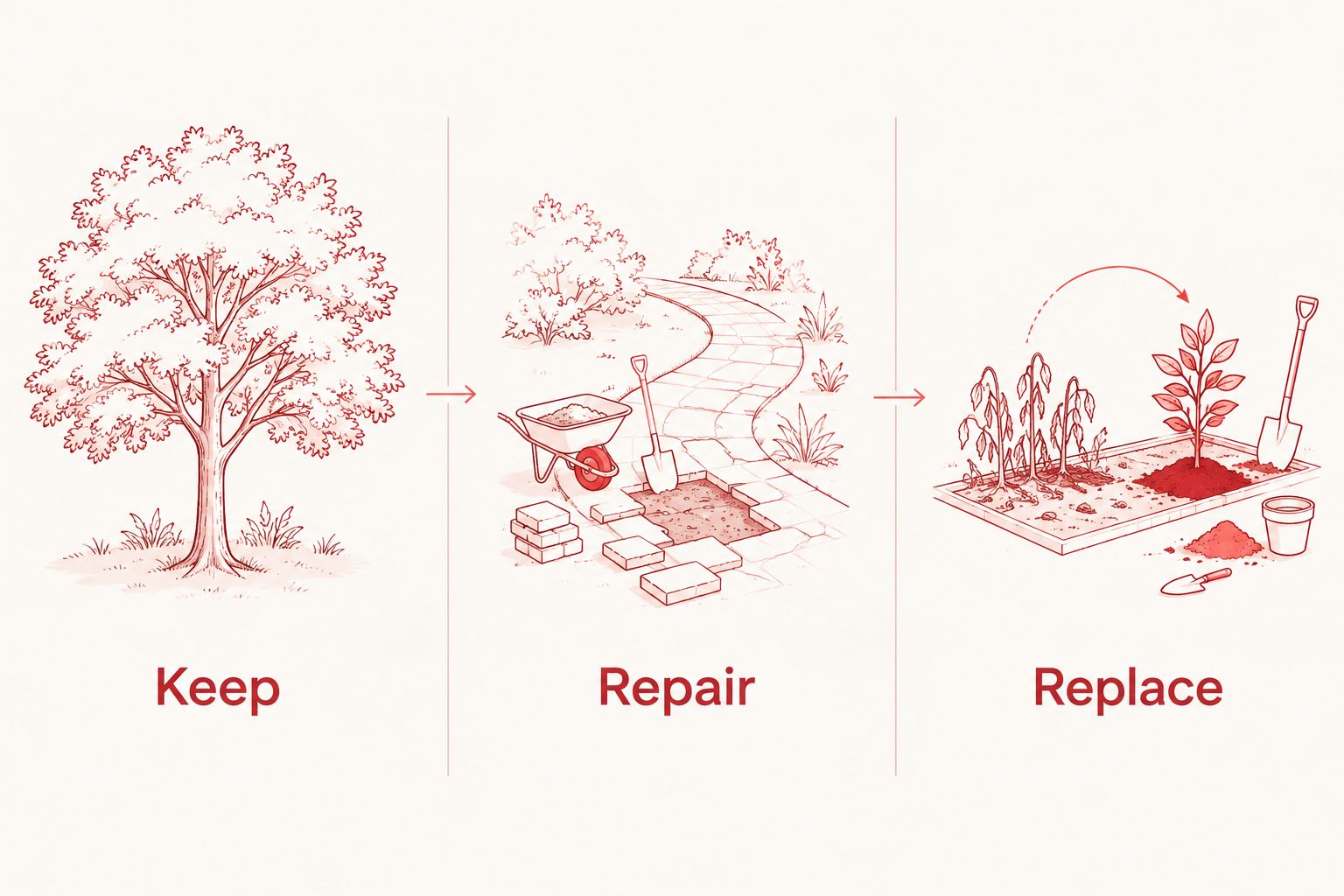 Three categories for evaluating existing landscape features: keep, repair, and replace.