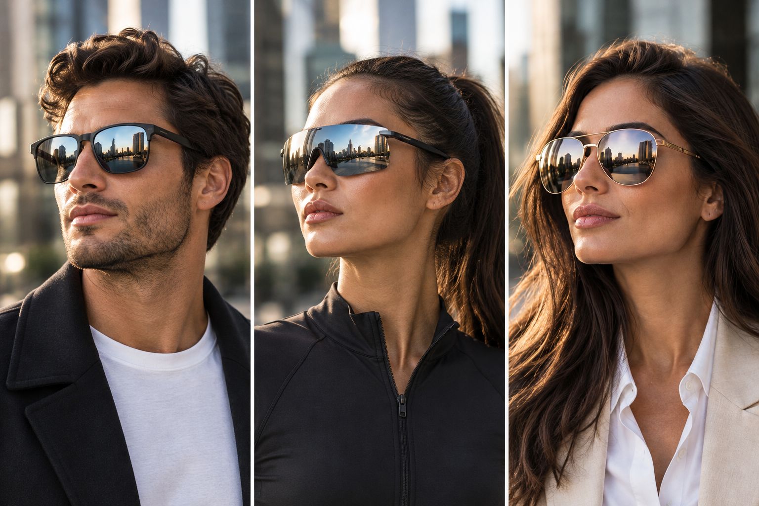 Three mirrored sunglasses silhouettes paired with streetwear, sportswear and tailoring