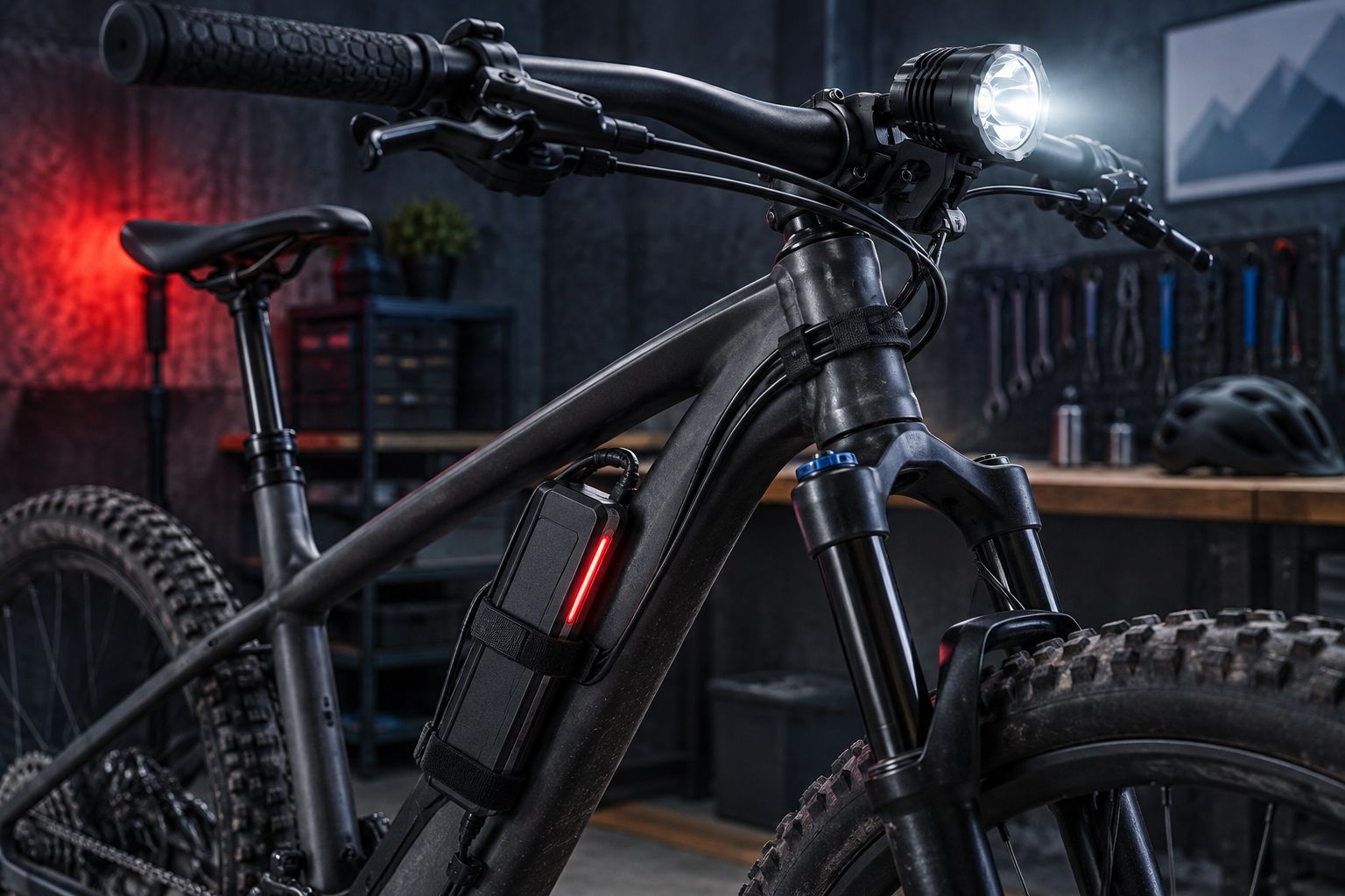 Mountain bike with a handlebar light, secured external battery and cable clear of moving parts