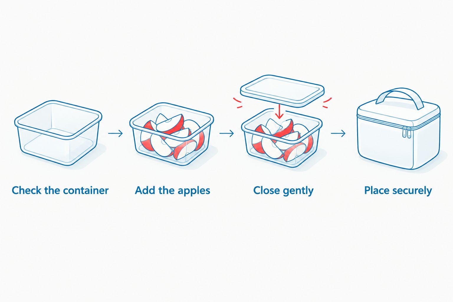 Packing sequence: check the container, add the apples, close gently, and place securely.