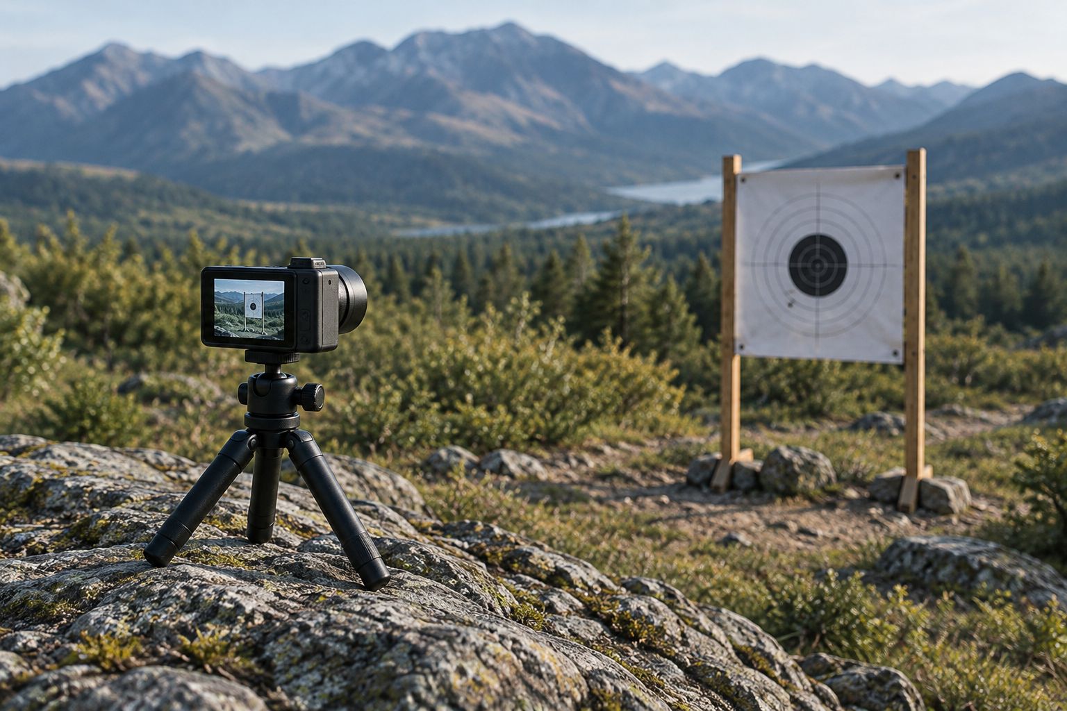 A compact target camera positioned beside a paper target on an outdoor range