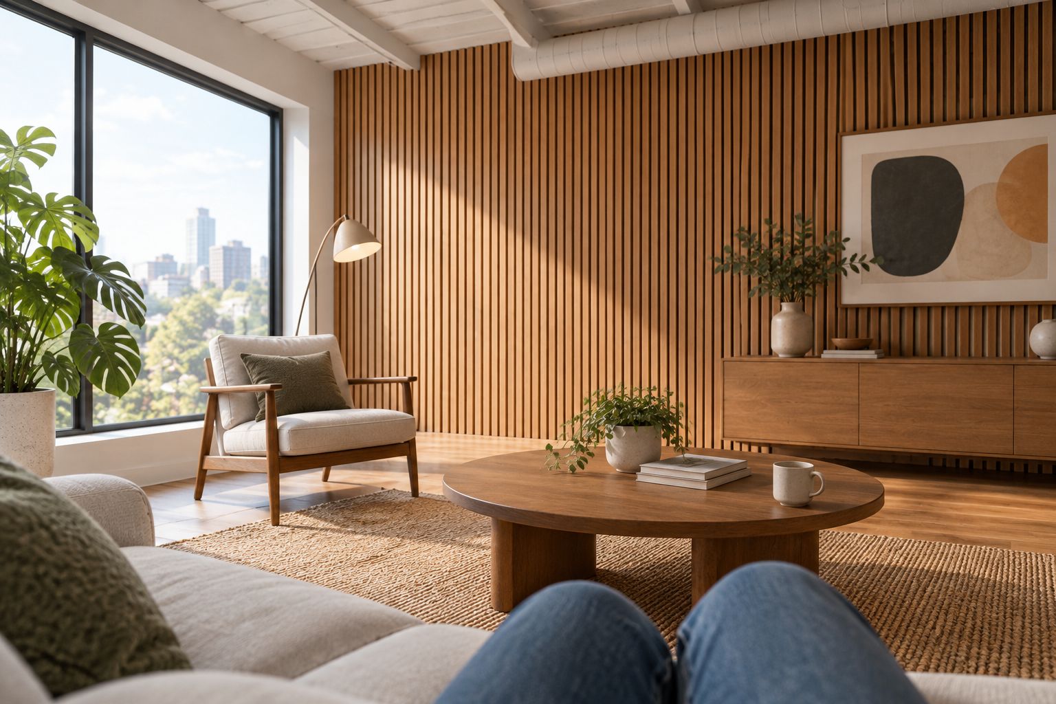 Living room showing a slat feature wall alongside a rug, sofa, window, and hard ceiling