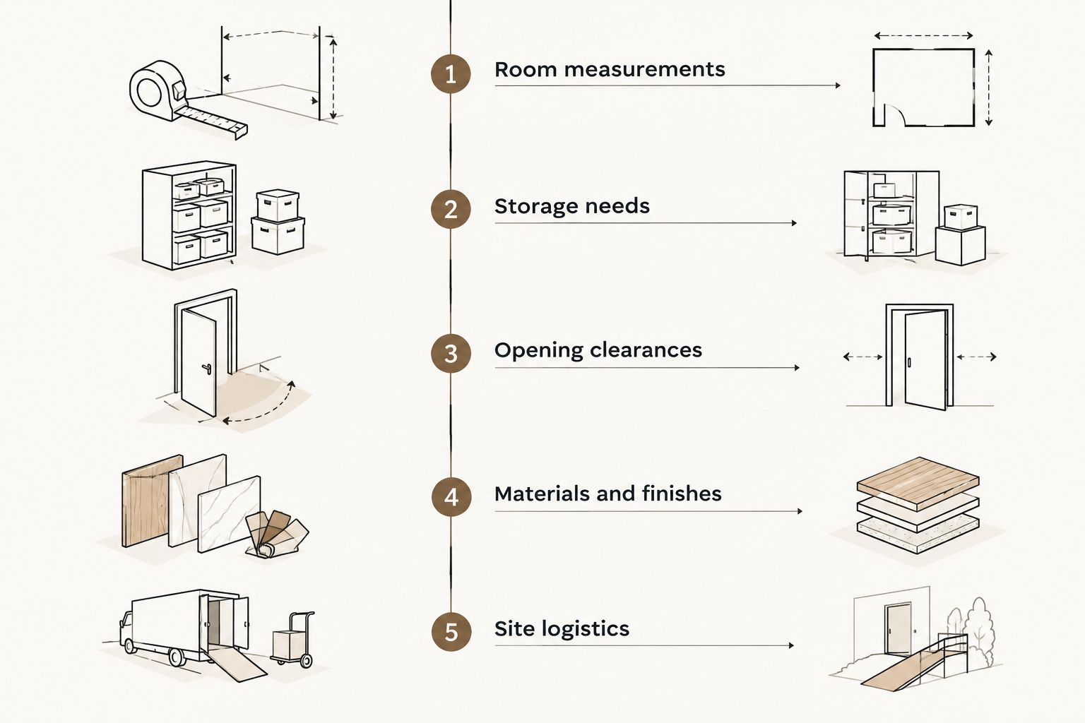 Cabinet briefing sequence covering measurements, storage, clearances, finishes, and site logistics