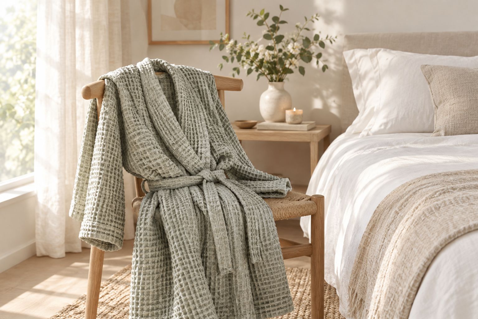 A textured waffle robe draped over a chair beside a bed