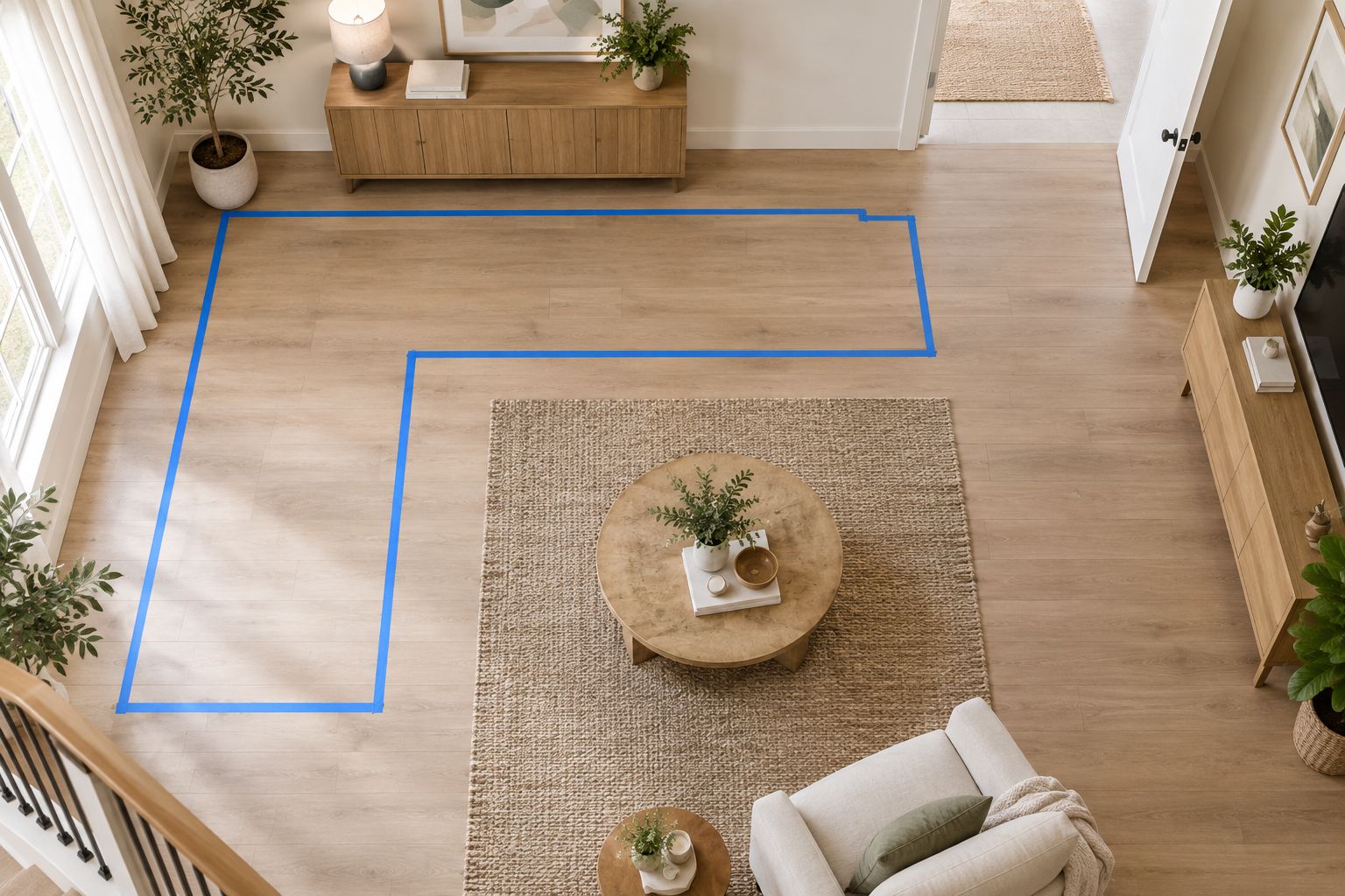 A sectional footprint marked on a living room floor with clear doorway access