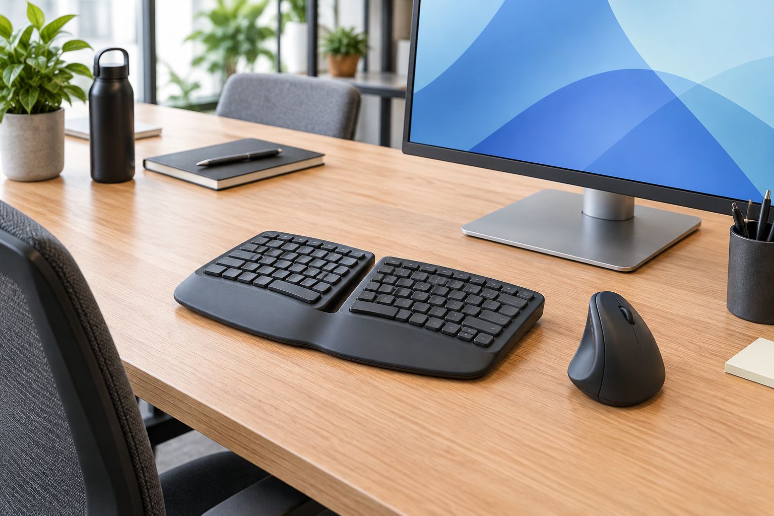 Split ergonomic keyboard and vertical mouse on an office desk