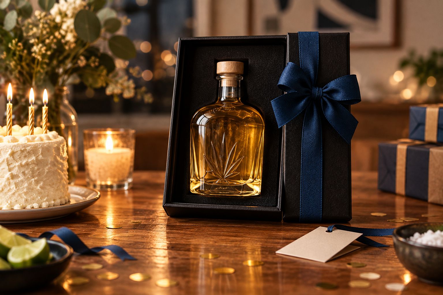 Gift-boxed tequila bottle on a table set for a birthday