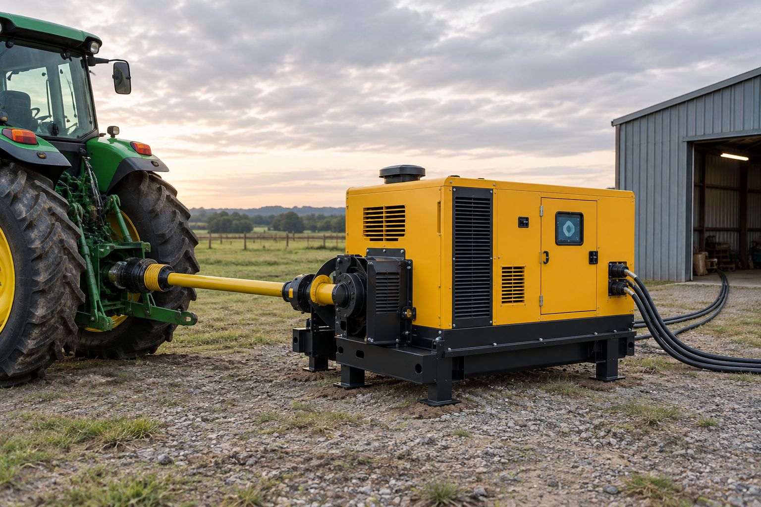 PTO generator connected to a tractor's rear power take-off in a paddock