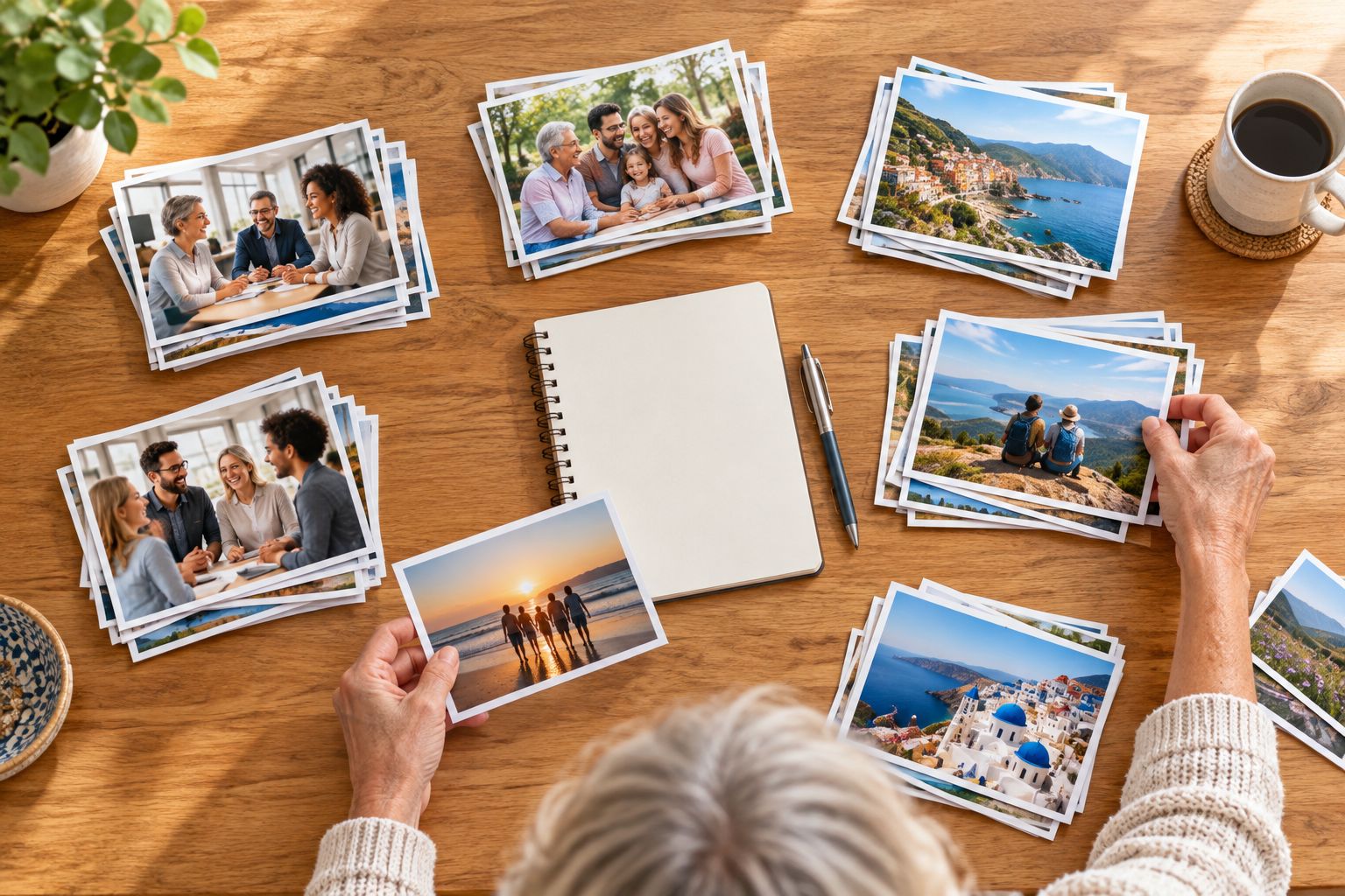 Photographs of colleagues, family and travels sorted into groups on a table