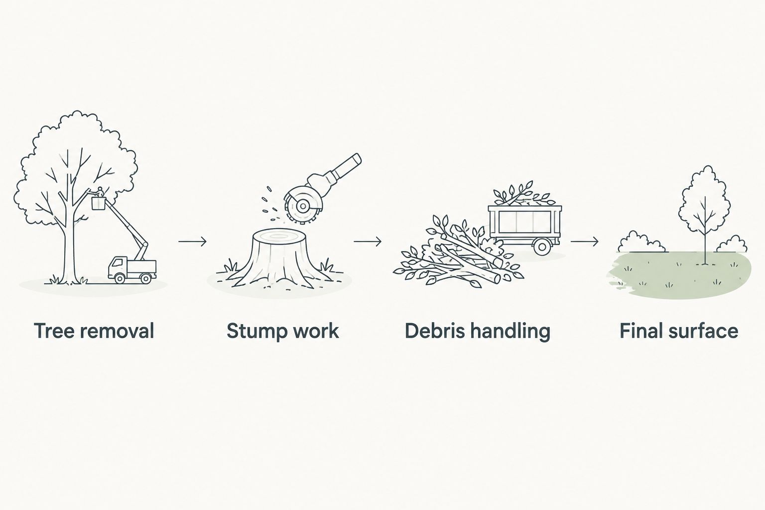 Four scope items covering tree removal, stump work, debris handling, and the final surface.