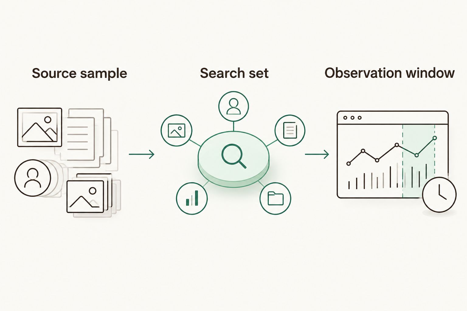Coverage test sequence: source sample, search set, and observation window