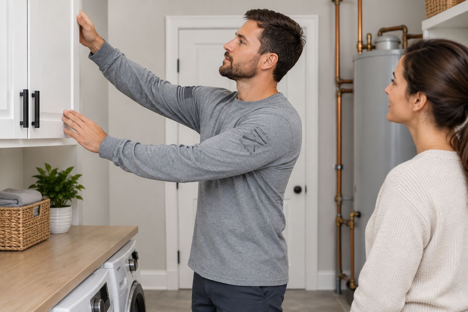 Technician checking long-sleeve shirt movement during an overhead reach in a utility room