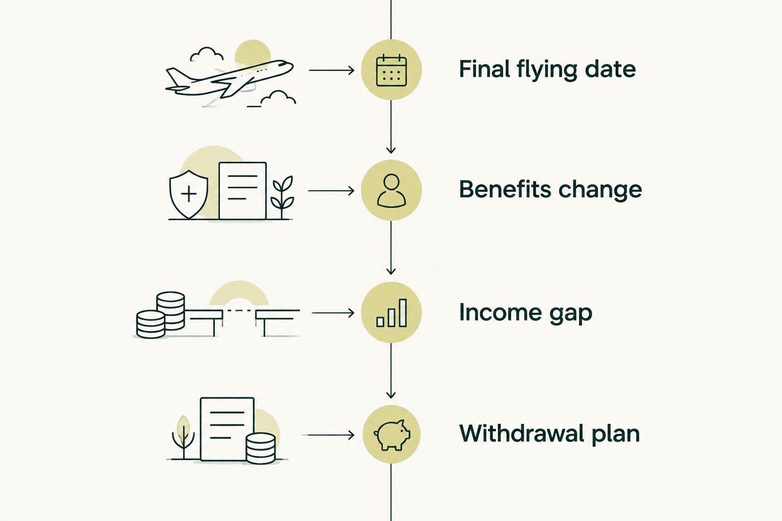 Timeline from a pilot's final flying date through benefit changes and retirement withdrawals