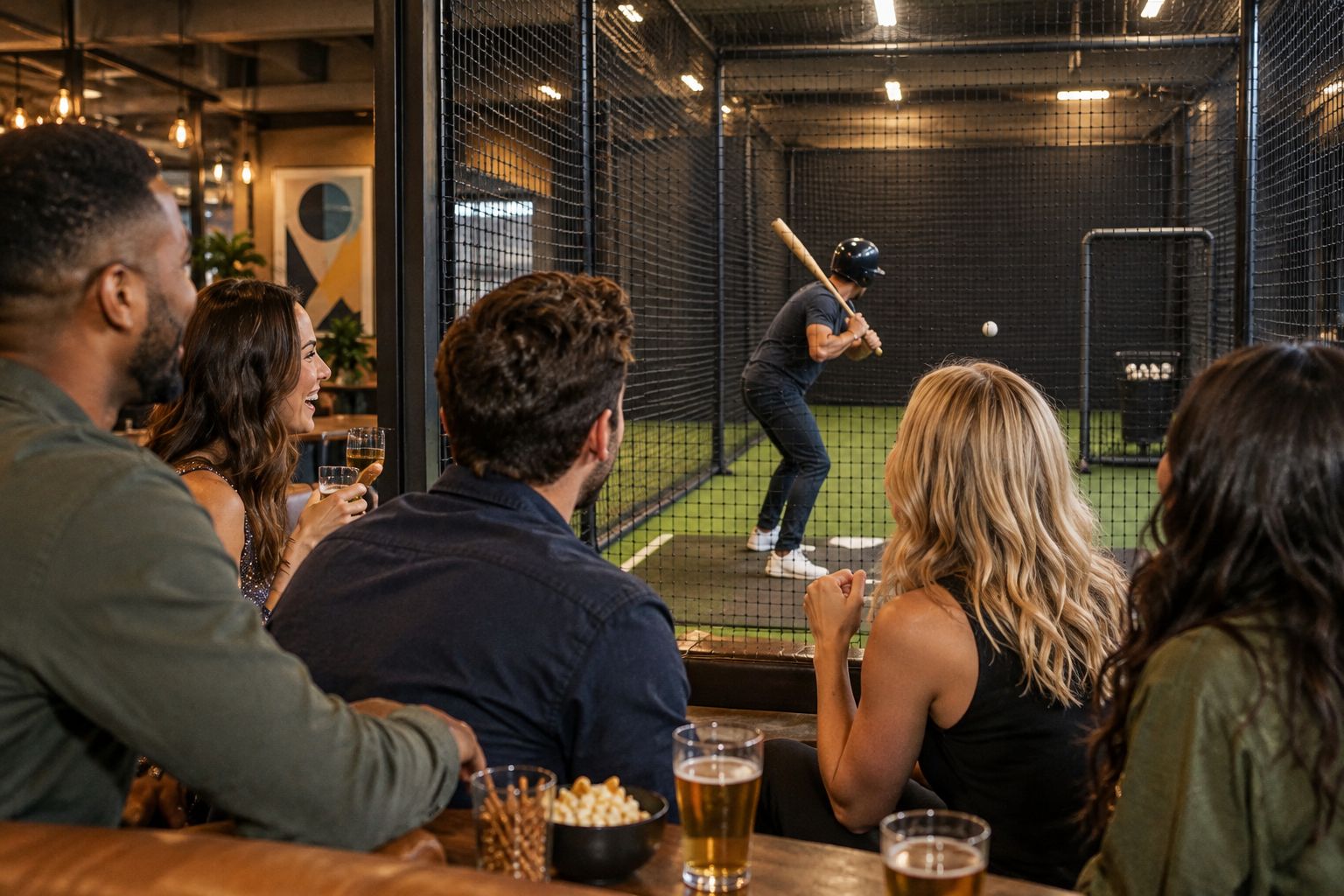 Friends watching someone prepare to bat in an indoor baseball cage