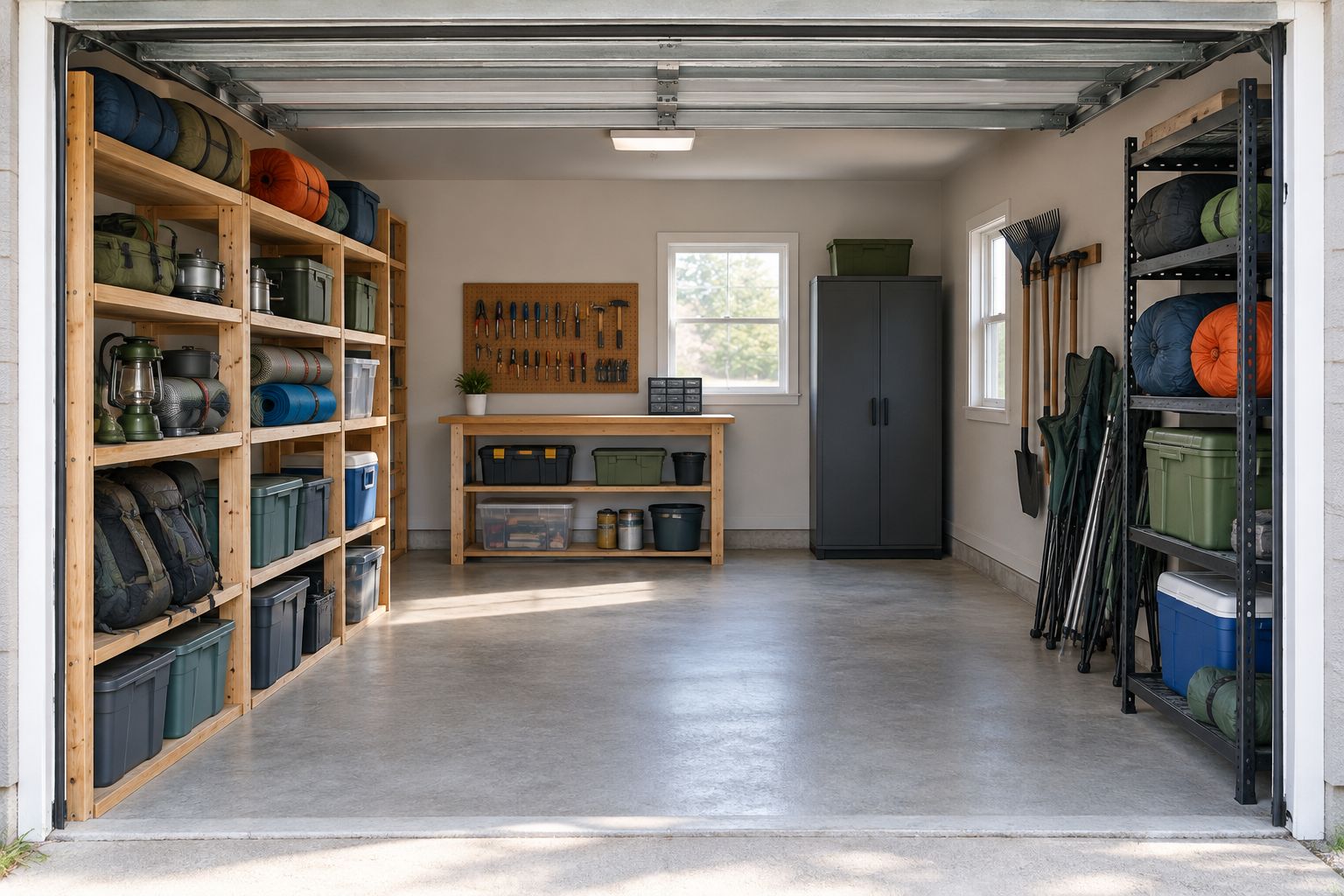 Garage equipment organized along a wall with a clear central floor area