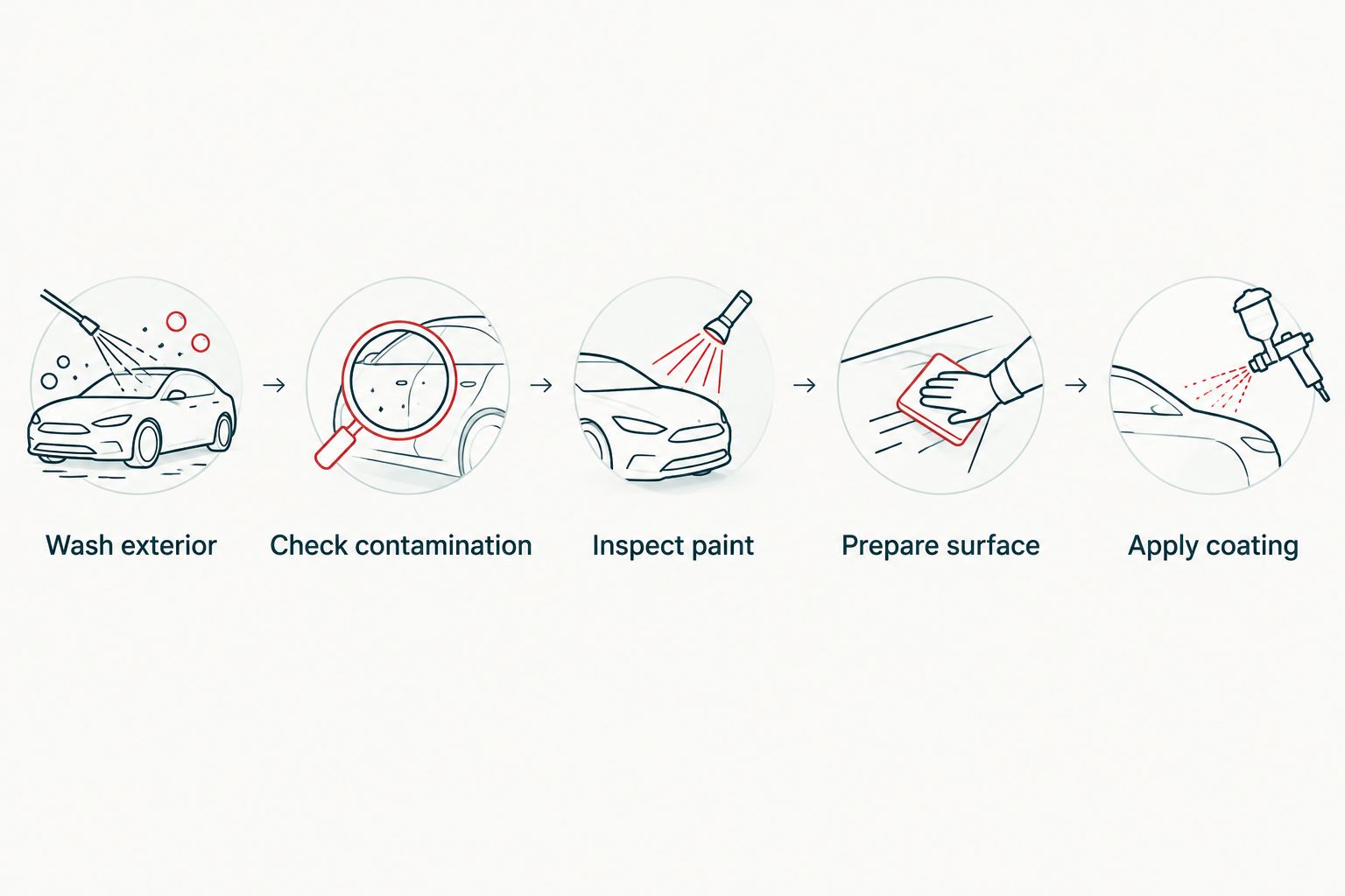 Coating preparation from washing and paint inspection through surface prep and application