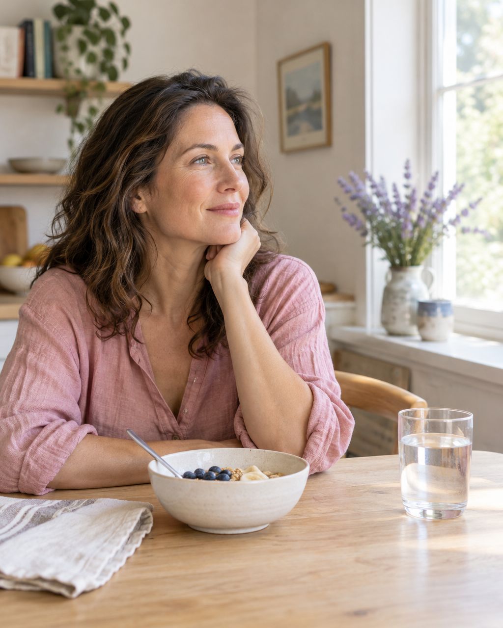 Illustrative scene of a woman enjoying a calm moment beside breakfast and lavender flowers