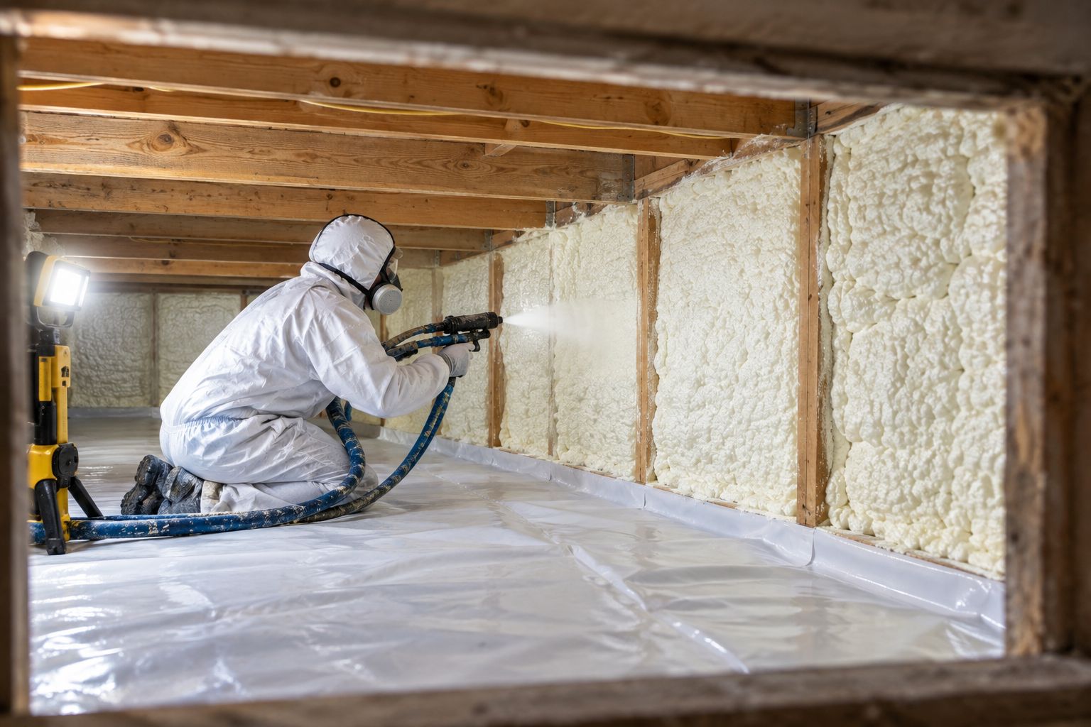 Crawl space with foam-insulated walls and a sealed ground vapor barrier