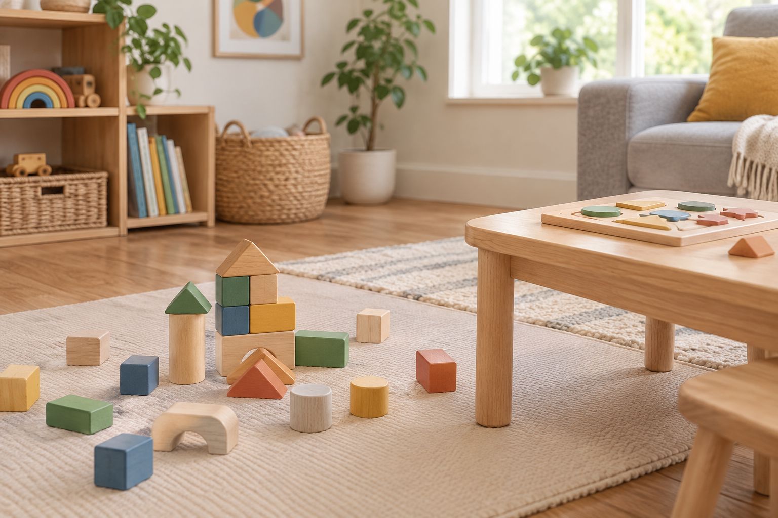 Wooden blocks on a clear floor mat beside a puzzle on a low table