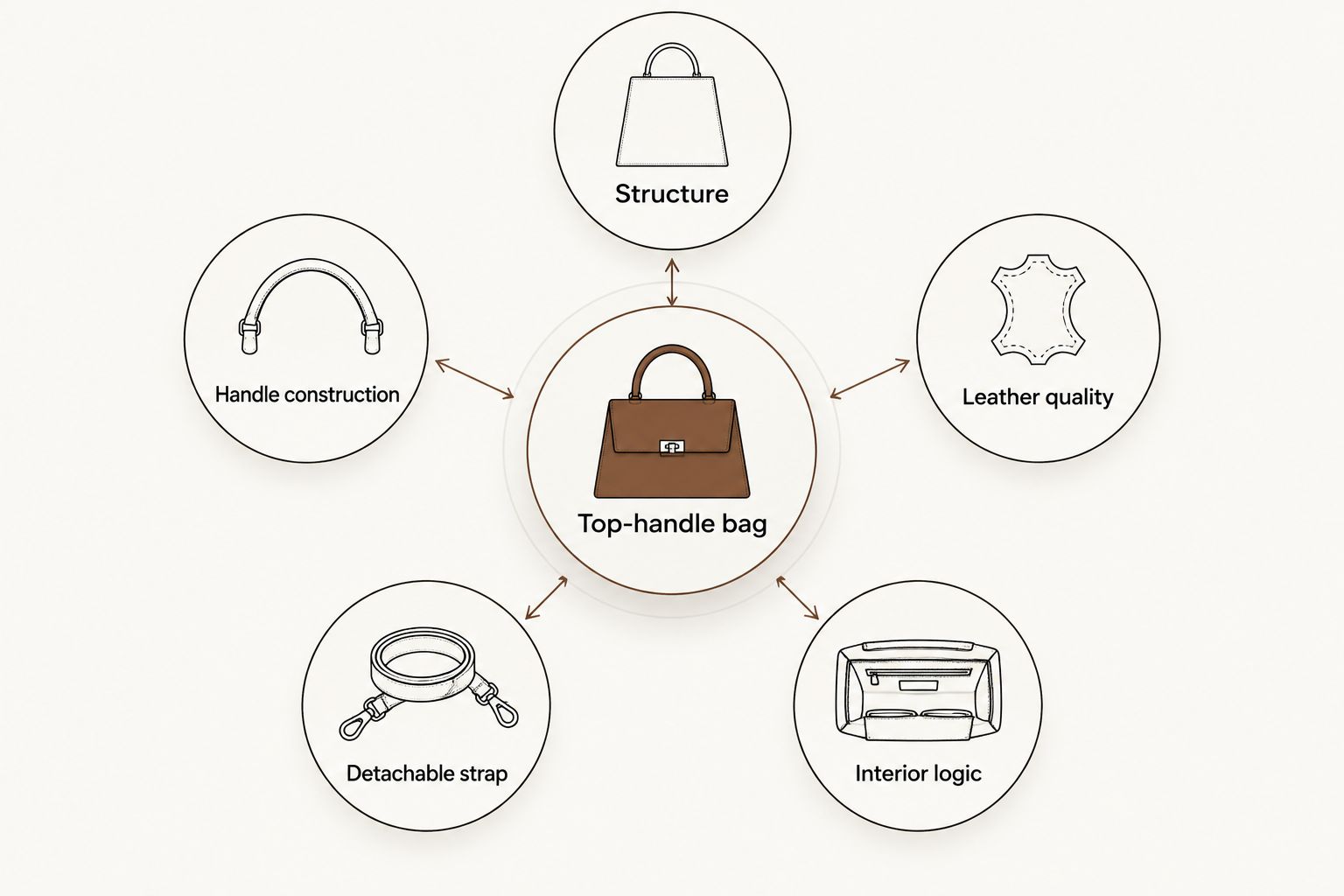 Diagram of five criteria for judging a designer top-handle bag