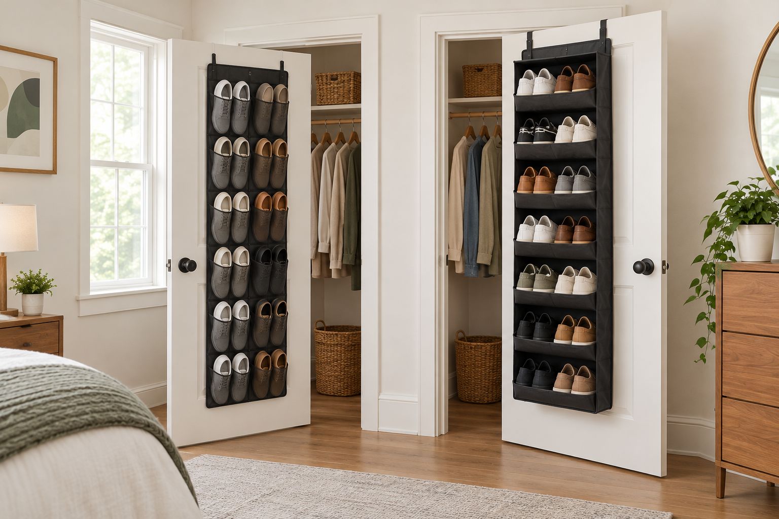 Mesh pockets beside shelf-style door storage, showing separate shoes and pairs stored together.
