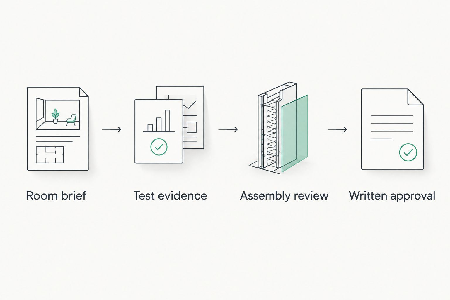 Four specification checks from the room brief through test evidence and assembly review to written approval