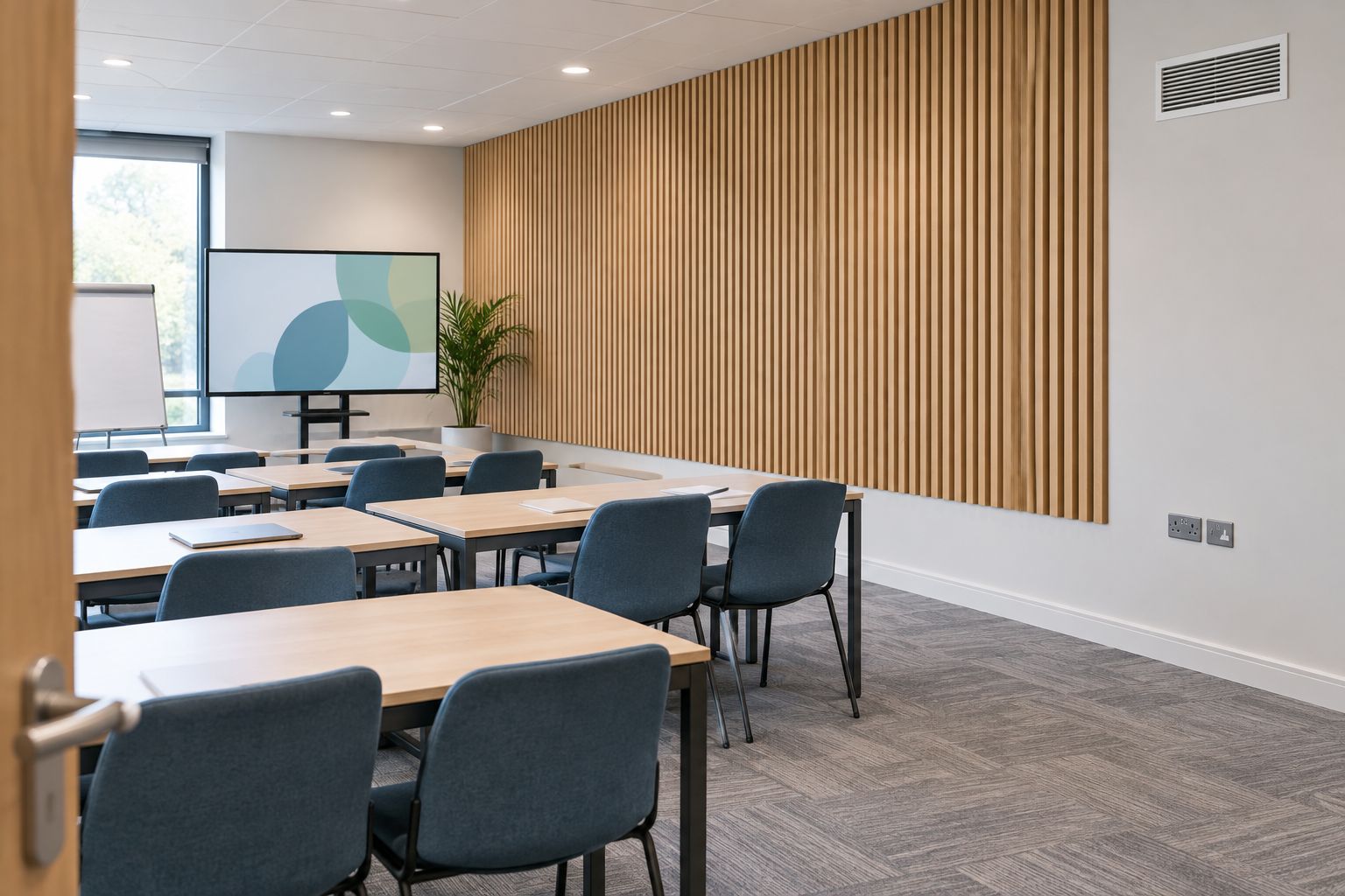 Wooden slat feature wall in a staff training room, with ventilation and sockets left accessible