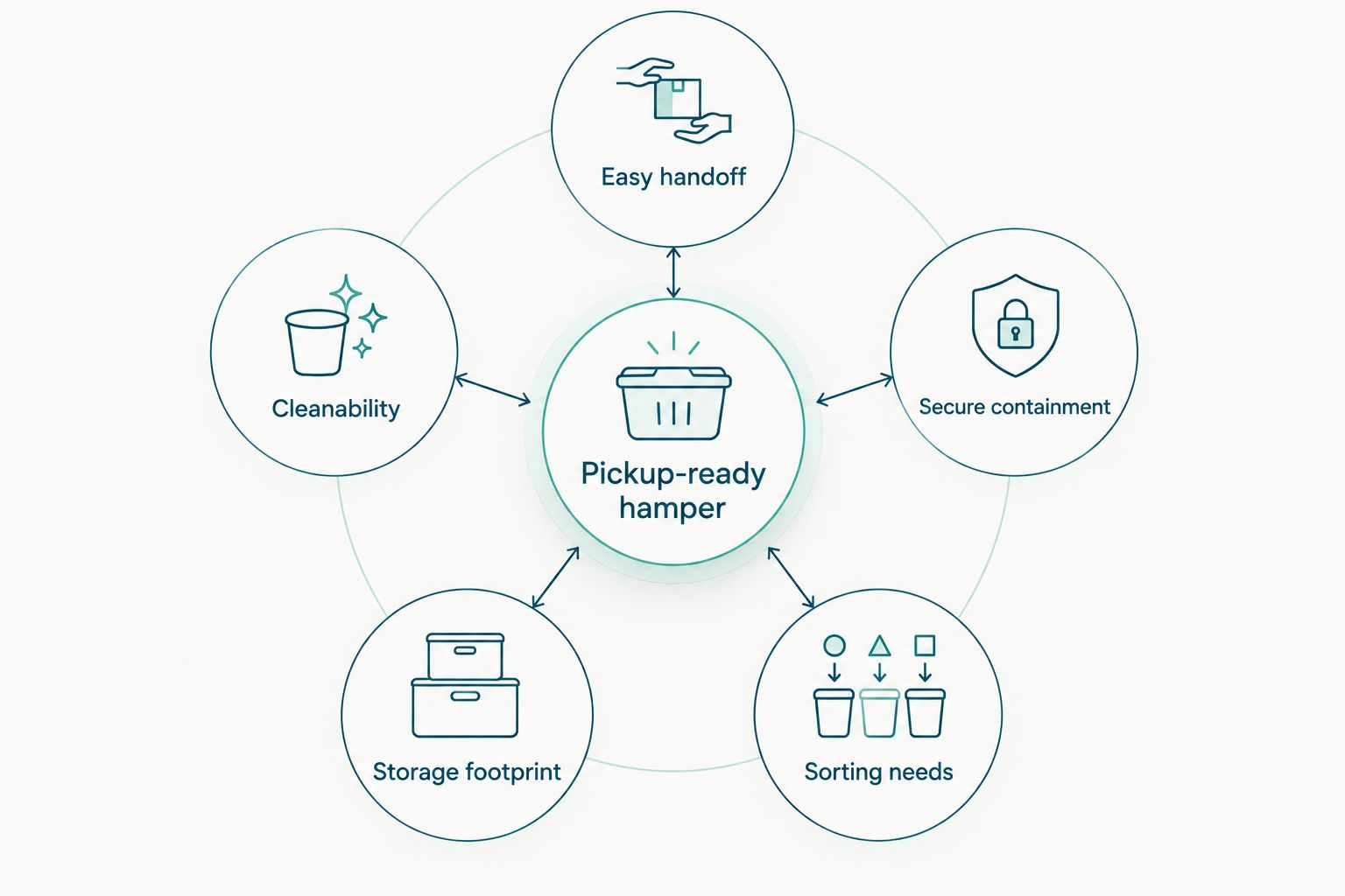 Five criteria around a pickup-ready hamper: handoff, containment, cleaning, storage, and sorting