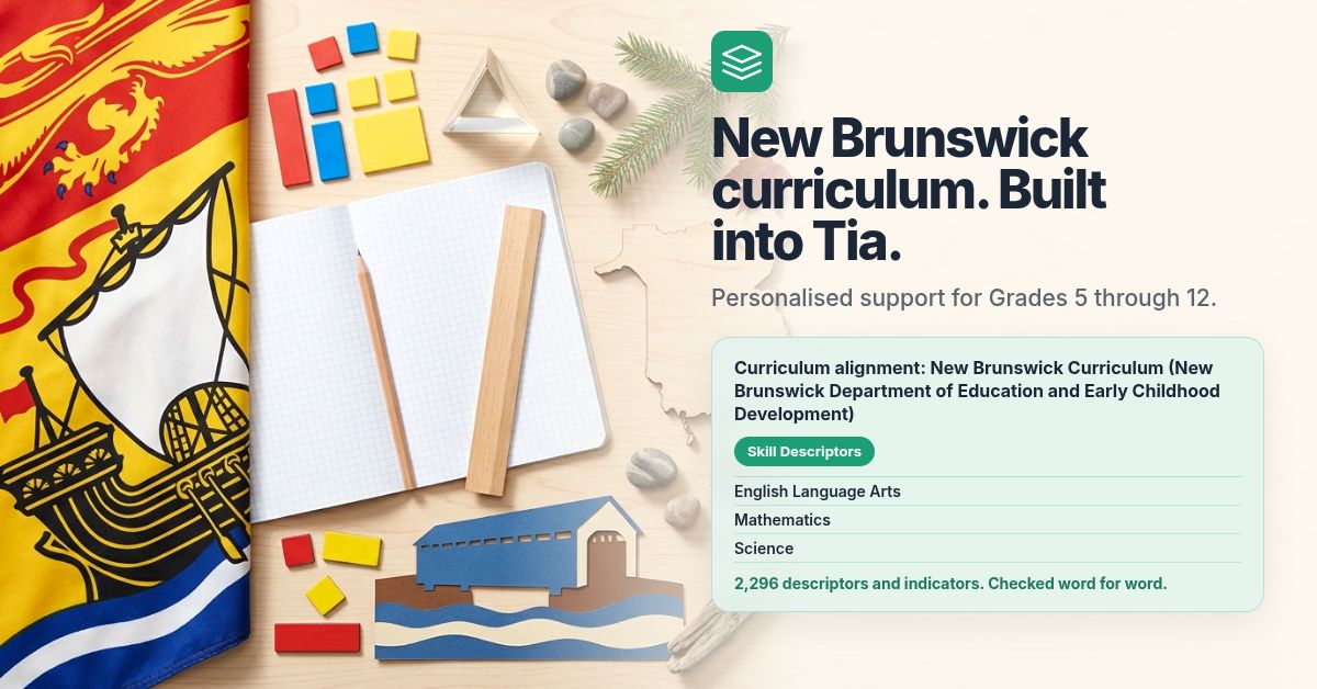 New Brunswick curriculum learning materials with a Tia progress report showing 2,296 descriptors and indicators