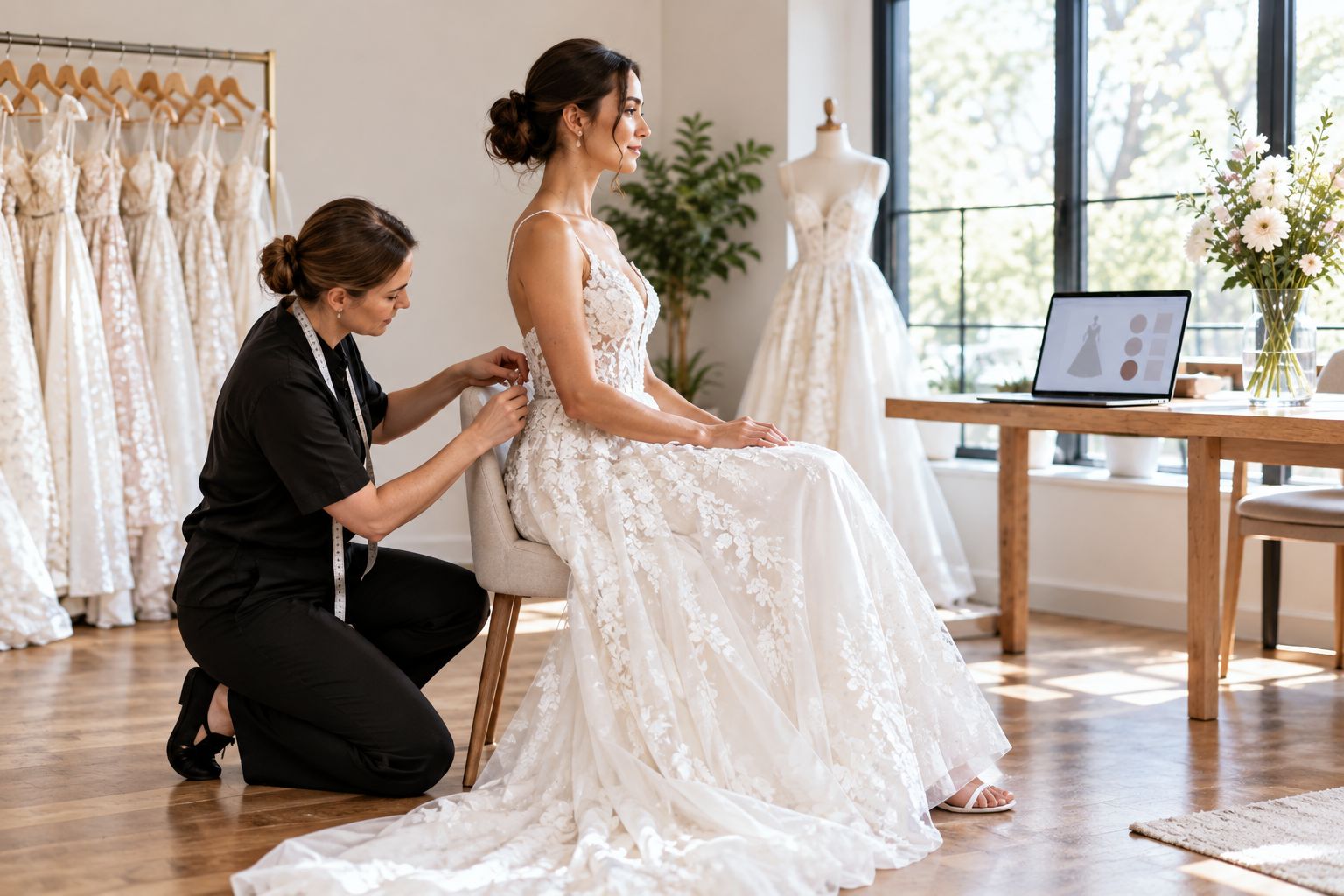 A bride checking how a wedding gown feels while seated during a fitting