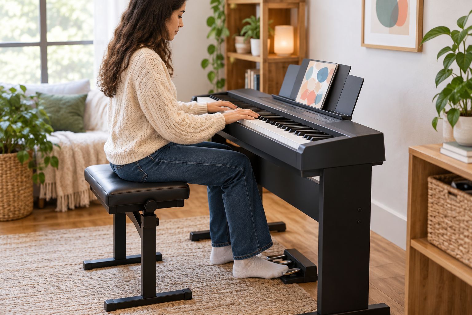 Side view of a beginner seated at a digital keyboard on an adjustable piano bench