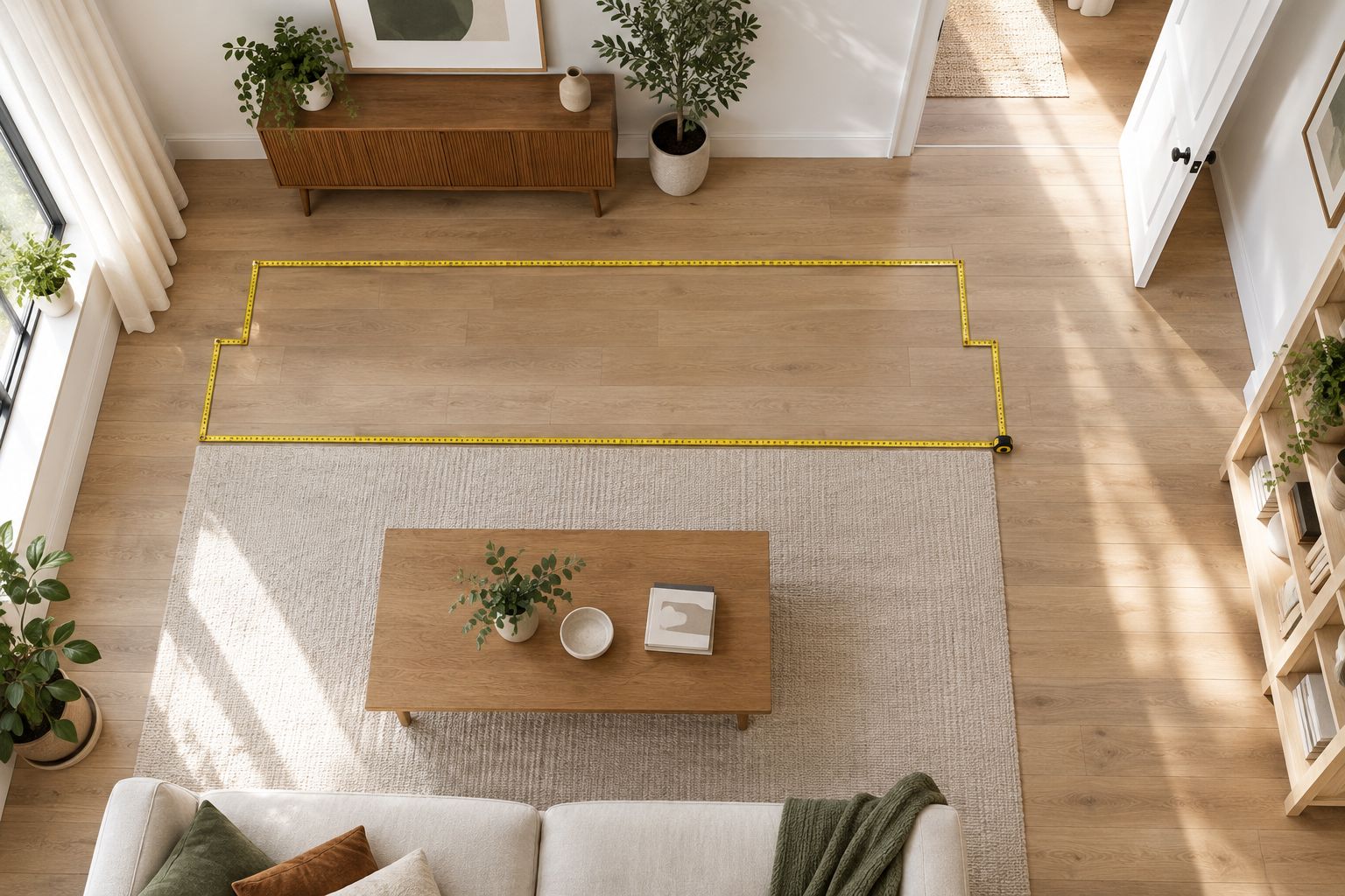 Taped sofa footprint beside a coffee table and an open doorway