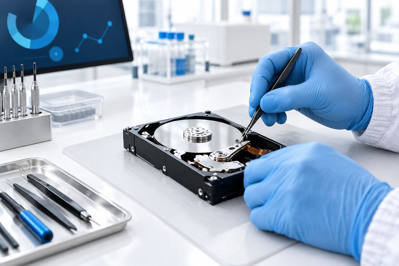 Technician opening a failed hard drive inside a cleanroom bench
