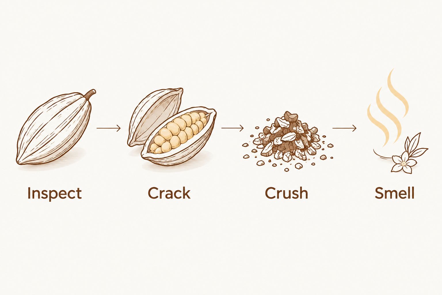 Four steps for checking cardamom: inspect the pod, crack it, crush the seeds, and smell.