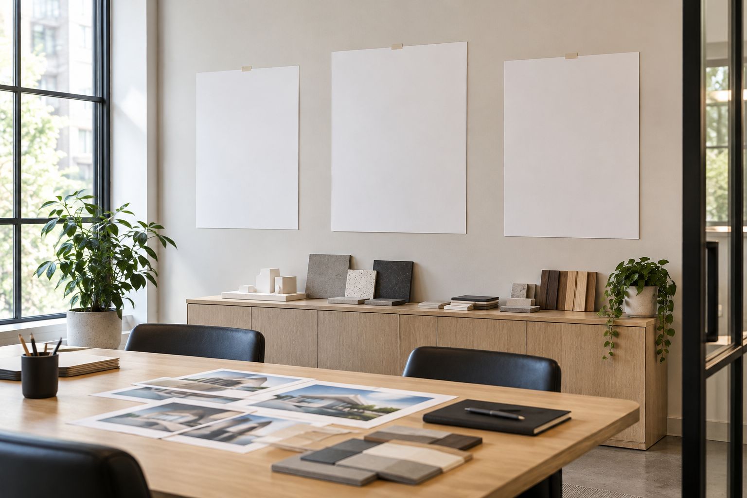 Paper templates testing artwork placement above a materials cabinet in an architecture office