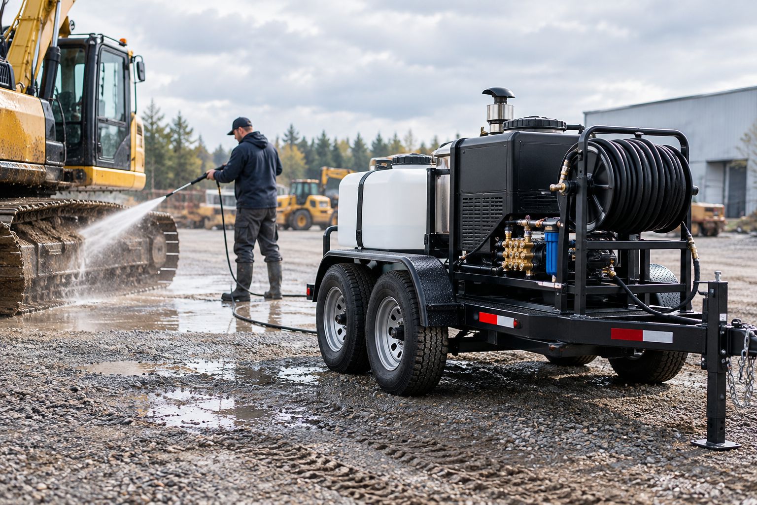 Trailer-mounted hot water pressure washer parked in an equipment yard