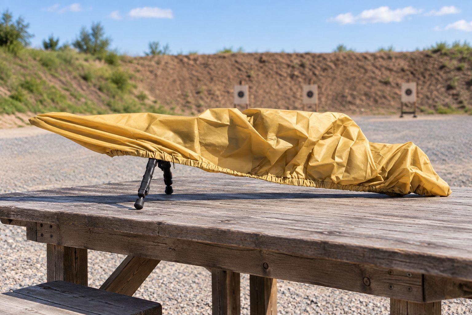 Rifle cover used over a rifle on an outdoor shooting bench