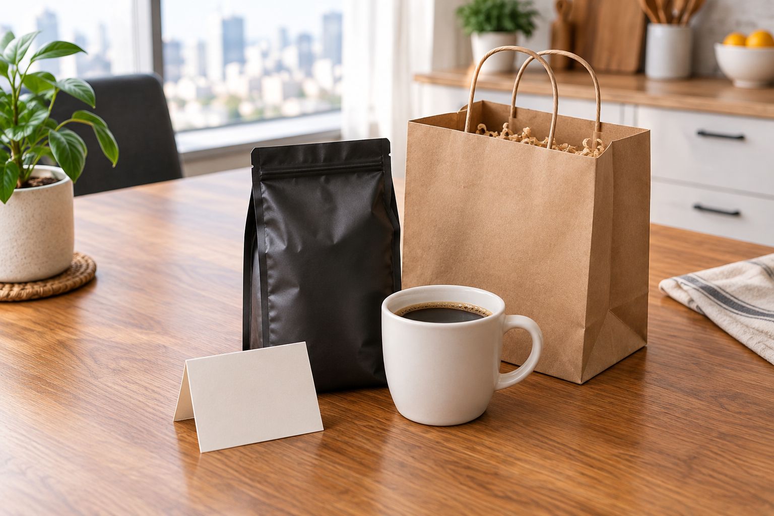 A sealed coffee bag, plain mug, and blank thank-you card beside a paper gift bag