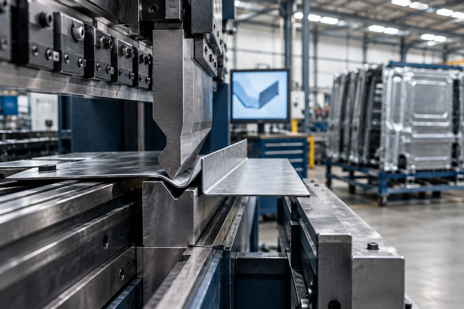 Partially formed panel showing return-flange clearance beside a press brake punch