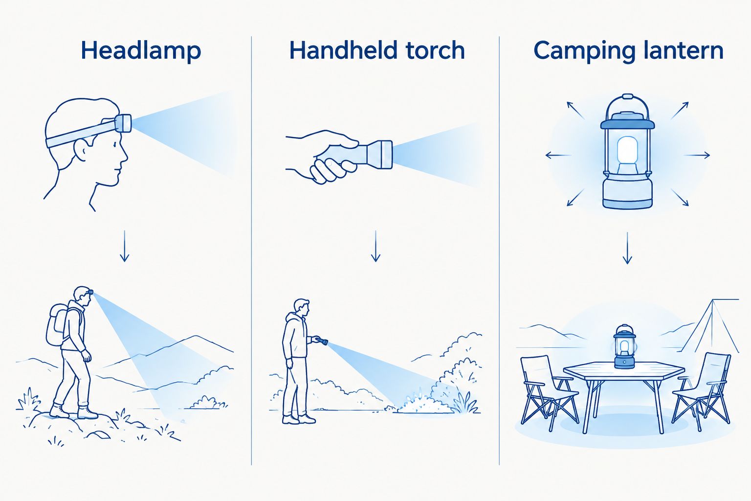 Headlamp, handheld torch and camping lantern compared by how they direct light